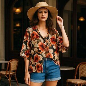 Isaac Mizrahi Womens Floral Y2K Sheer relaxed fit Blouse Size Med
